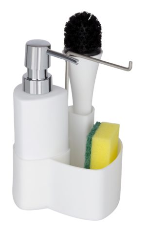 דיספנסר לסבון נוזלי + תא לספוג + מברשת בצבע לבן