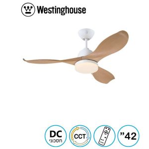 מאוורר תקרה  Erica 42 מנוע DC כולל שלט ותאורה  28W CCT ועמעם ,לבן+דמוי אלון
