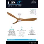 מאוורר תקרה 52" YORK מנוע DC כולל שלט 6 מהירויות לבן ועץ